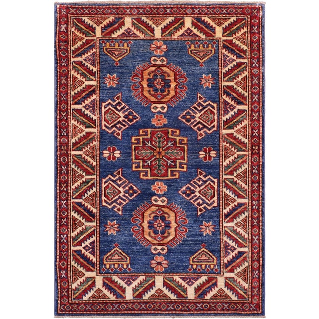 Southwestern Super Kazak Blue/Beige Wool Rug - 2'9'' X 3'8'' For Sale - Image 10 of 10