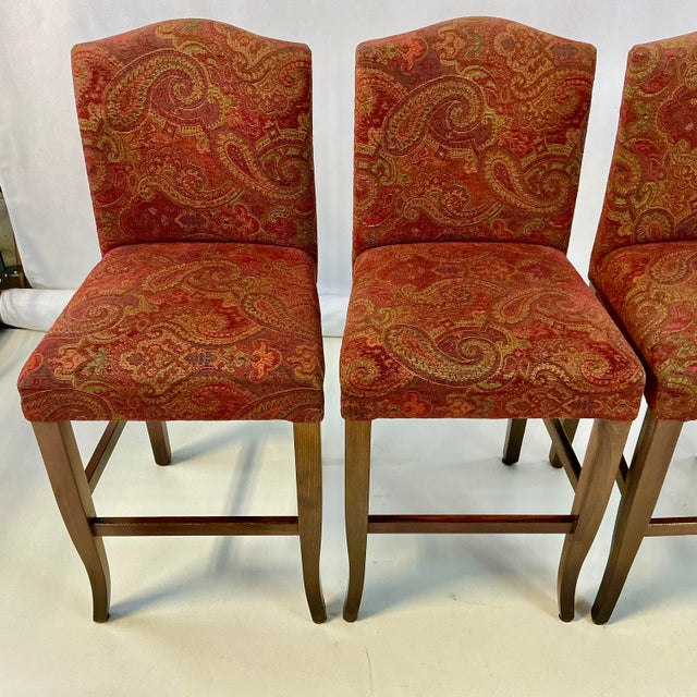 Brick Red 1980s Vintage Regency Empire Italian Boho Chic Upholstered Bar Stools - Set of 4. For Sale - Image 8 of 14