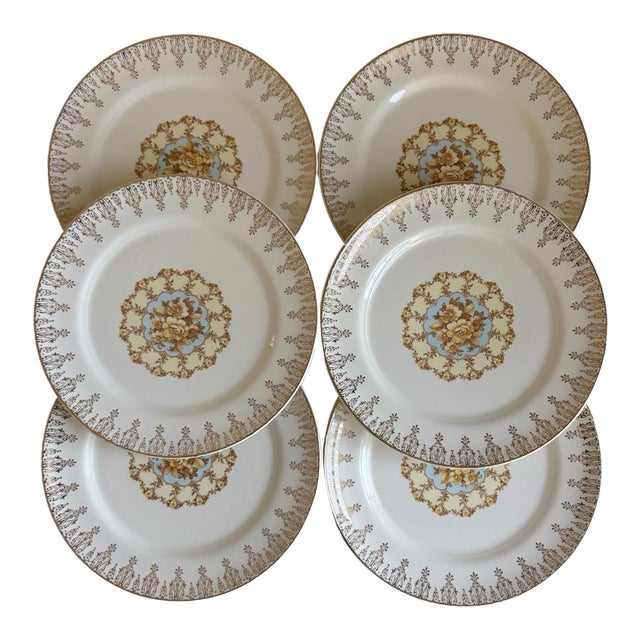 Mid 20th Century Set of 6: Limoges American 22k Gold Vienna Candlelight Ravenna Dessert Plates For Sale