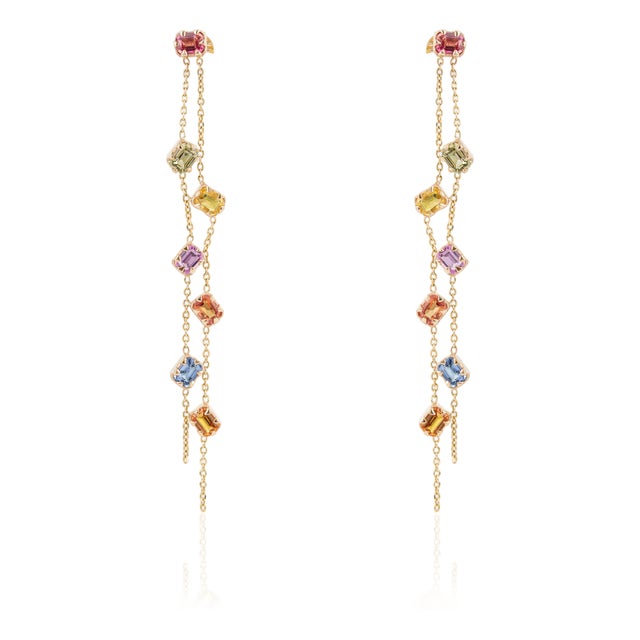 Rainbow Cascade Multicolor Gemstone Drop Earrings by VRJewels in 14k Solid Gold- A Pair For Sale