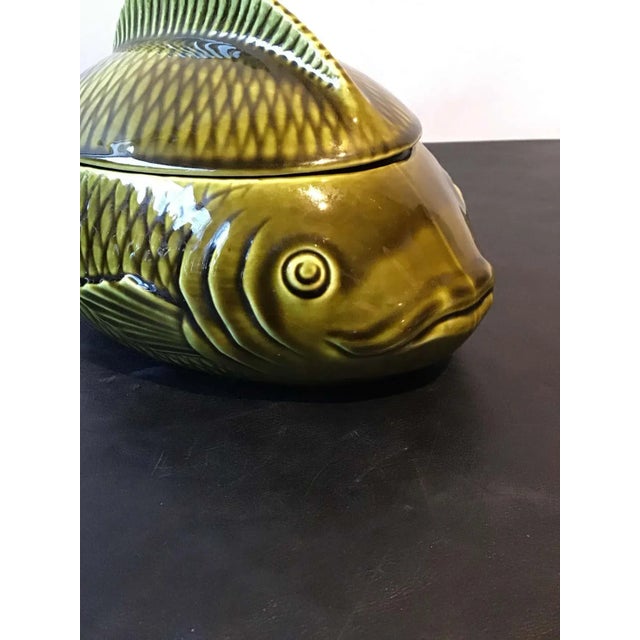 French green Majolica fish tureen by Sarreguemines.