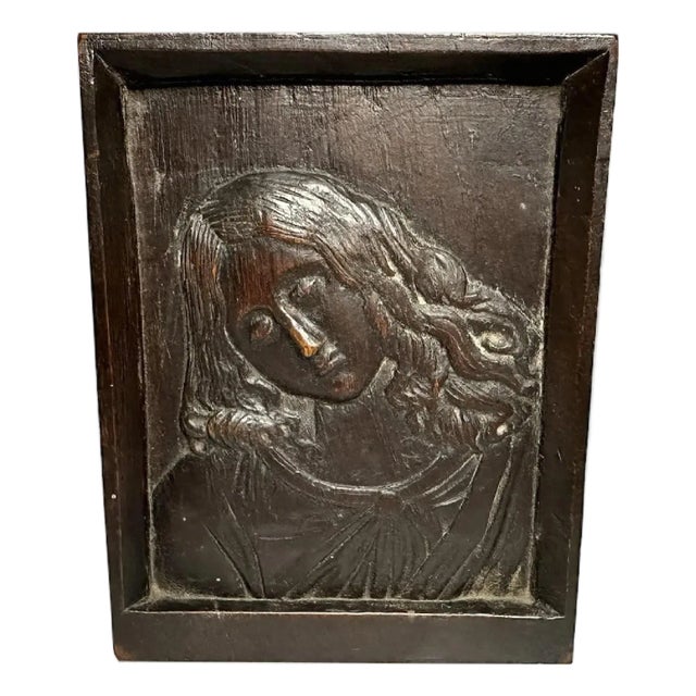 Antique Bas Relief Wood Carving: Saint John Portrait Plaque For Sale