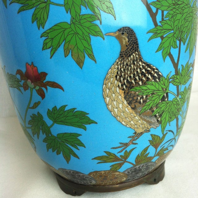 1910s 1910s Blue Floral Bird Cloisonne Vase For Sale - Image 5 of 12