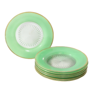 Set of Six Art Deco Pressed Glass & Jade Porcelain Dessert Plates by Moser