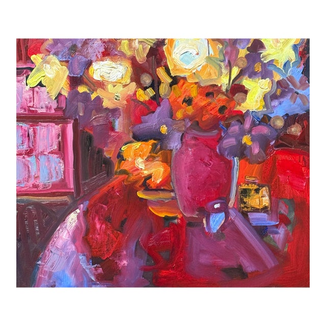 Expressionist Floral Painting Still Life on Red Original For Sale
