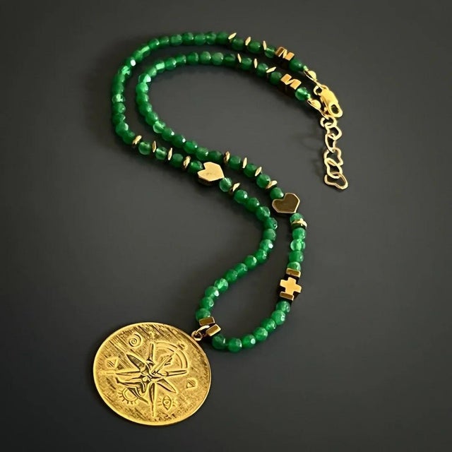 Green Jade Stone Spiritual Soul Gold Medallion Pendant Necklace For Sale In Miami - Image 6 of 16