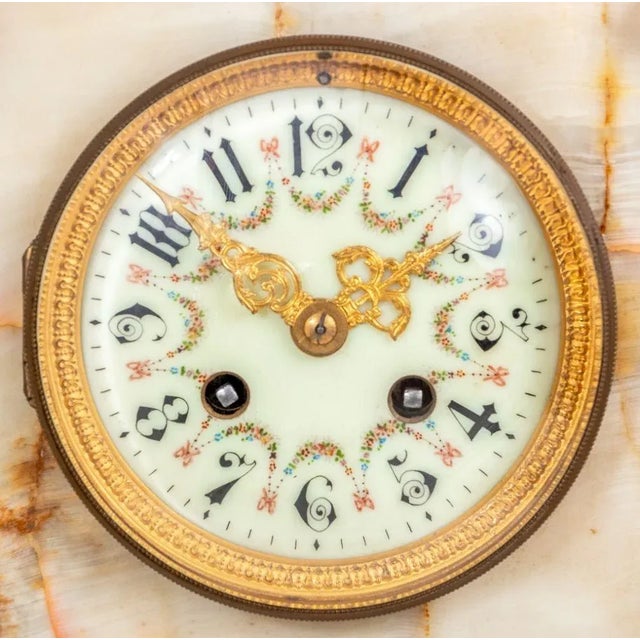 French Alabaster and Champleve Enamel Mantel Clock, late 19th century, of architectural form, with a central painted white...