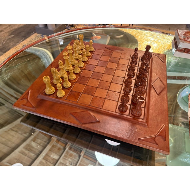 1970s Leather Chess Set With Carved Wooden Pieces, Italy, 1960s–1970s For Sale - Image 5 of 9