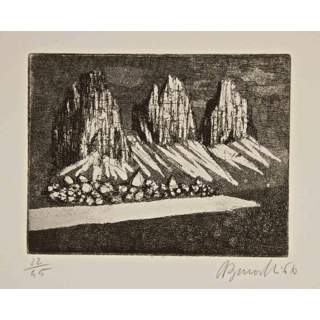 Armando Buratti, Three Peaks (Dolomites), Etching, 1966 For Sale