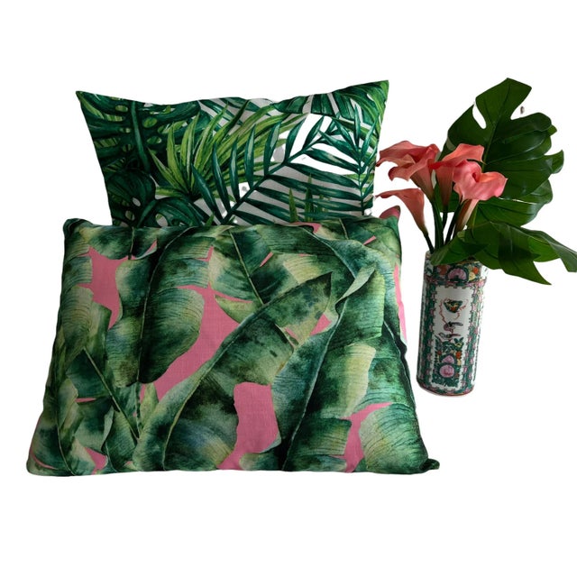 2020s Contemporary Dominican Banana Leaves with Pink Pillow Cover For Sale - Image 5 of 13