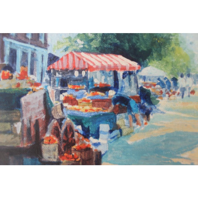 Vintage Painting of a Market, Original Art, Unframed Painting on Canvas Board, Signed For Sale - Image 6 of 9