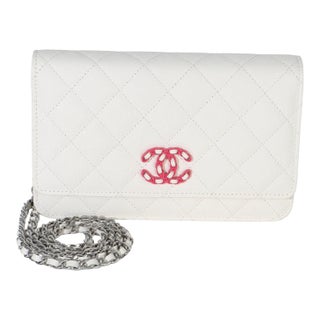 White Pink Quilted Caviar Woven CC Wallet On Chain For Sale