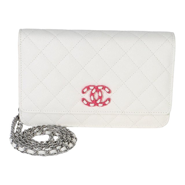 White Pink Quilted Caviar Woven CC Wallet On Chain For Sale
