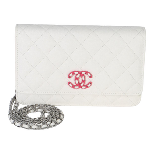 White Pink Quilted Caviar Woven CC Wallet On Chain