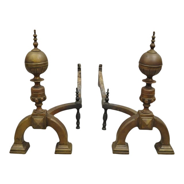 Antique English Federal Brass Cannonball Fireplace Andirons With Patina - Pair For Sale