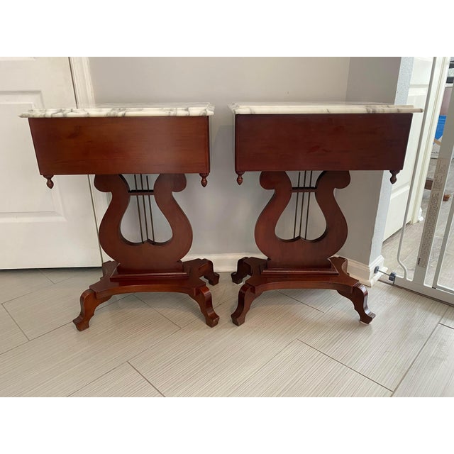 Mid 19th Century Victorian Mahogany Marble Top Harp Lyre End Tables