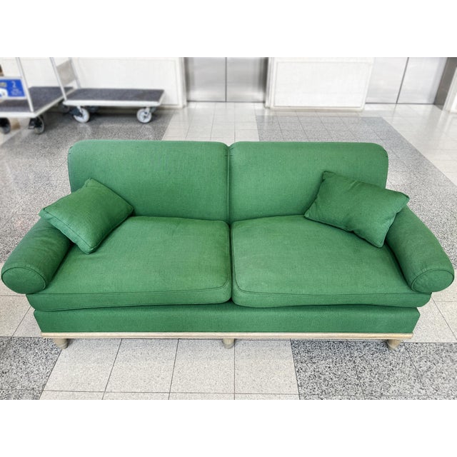 Custom Carved Oak & Green Linen Sofa by Steven Gambrel For Sale In New York - Image 6 of 18