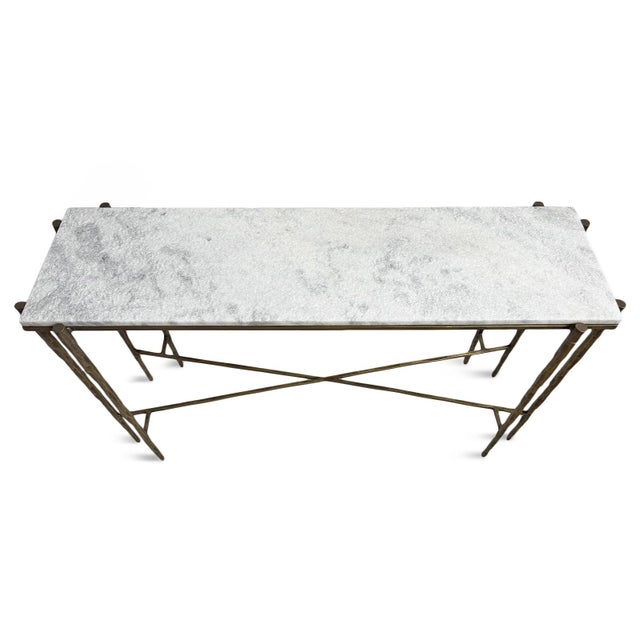 Beautiful white marble top console table. Hand hammered iron frame / legs with antiqued bronze/brass finish. Unique design...