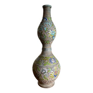 Vintage Japanese Enamel on Brass Double-Gourd Floor Vase, Hand Decorated Floral Motif, 22.5"h For Sale