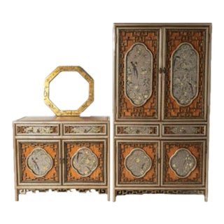 Chinoiserie Lacquer Armoire & Matching Sideboard Set For Sale