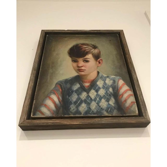 Portrait of Boy in Blue Argyle Sweater Oil Painting by Robert Rukavina For Sale - Image 11 of 13