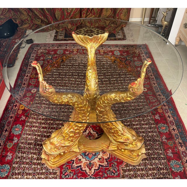 Hollywood Regency Vintage Hollywood Regency Gold Koi Fish With Round Glass Top Dining Table For Sale - Image 3 of 8