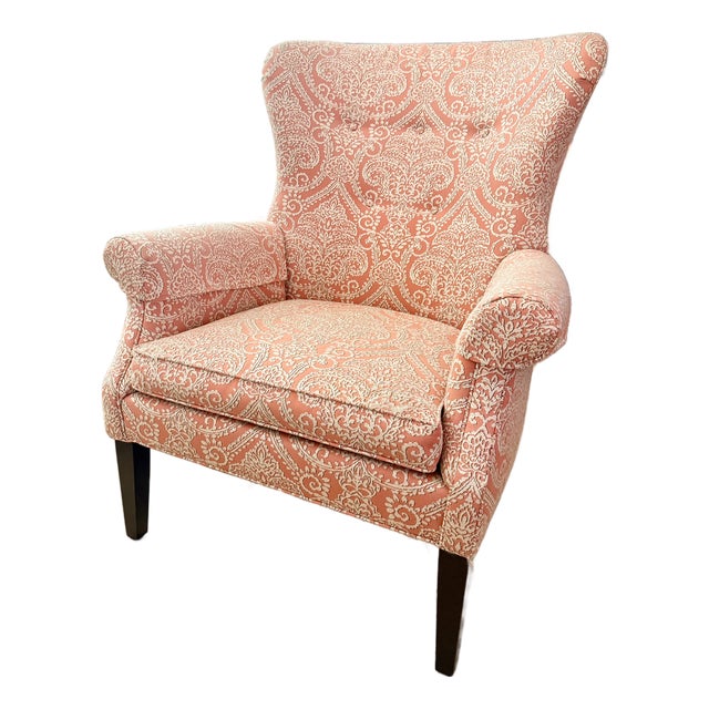 Ethan Allen Pink & Cream Damask Upholstered Accent Chair For Sale