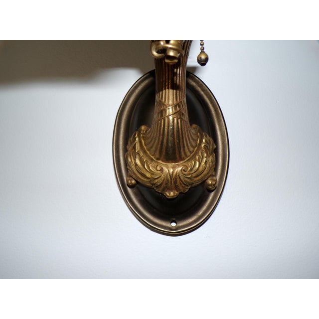 Vintage Pair Art Nouveau Gilt Brass Sconces Wall Lamp Fixtures With Tassels For Sale - Image 10 of 13