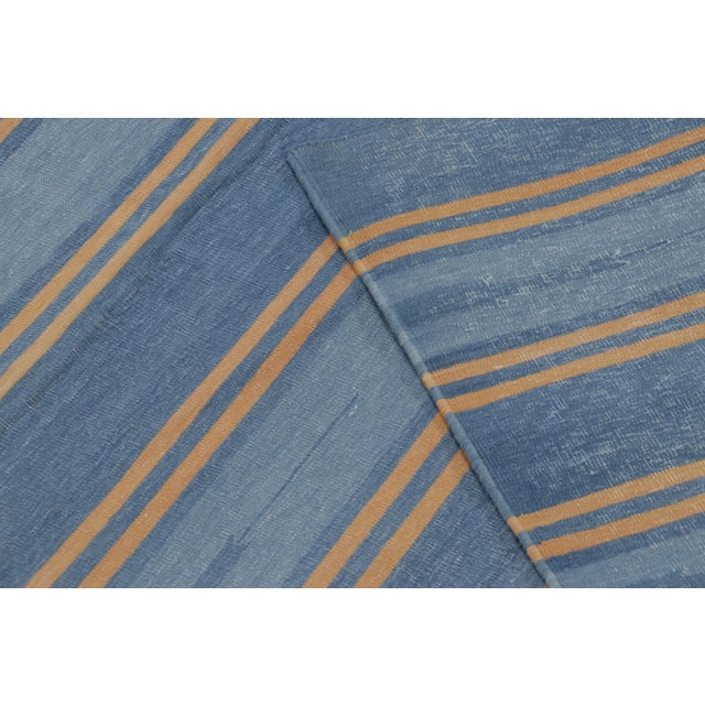 Textile Rug & Kilim’s Indian Dhurrie Rug in Slate Blue and Ochre Stripes For Sale - Image 7 of 9