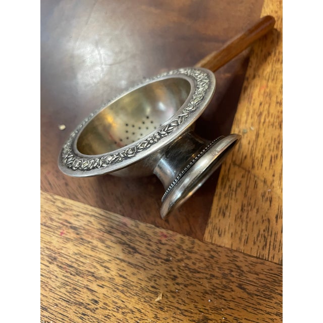 Mid 20th Century Alpaca Silver Embossed Flower Wood Handled Tea Strainer For Sale - Image 4 of 12