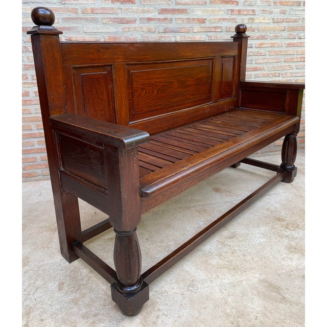 Antique Spanish Oak Bench With Paneled Back and Turned Legs For Sale - Image 11 of 14