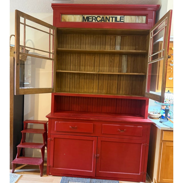 Farmhouse Mercantile Large Red Sideboard Buffet and Hutch With Accompanying Red Four Step Step Stool - Set of 3 For Sale - Image 3 of 9