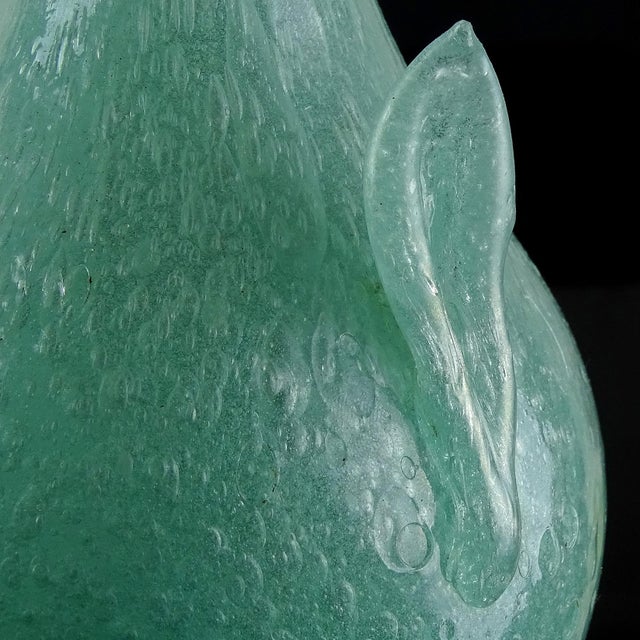 Early 20th Century Antique Murano Avem 1932 Pulegoso Teal Green Bubbles Italian Art Deco Glass Footed Flower Vase For Sale - Image 5 of 9
