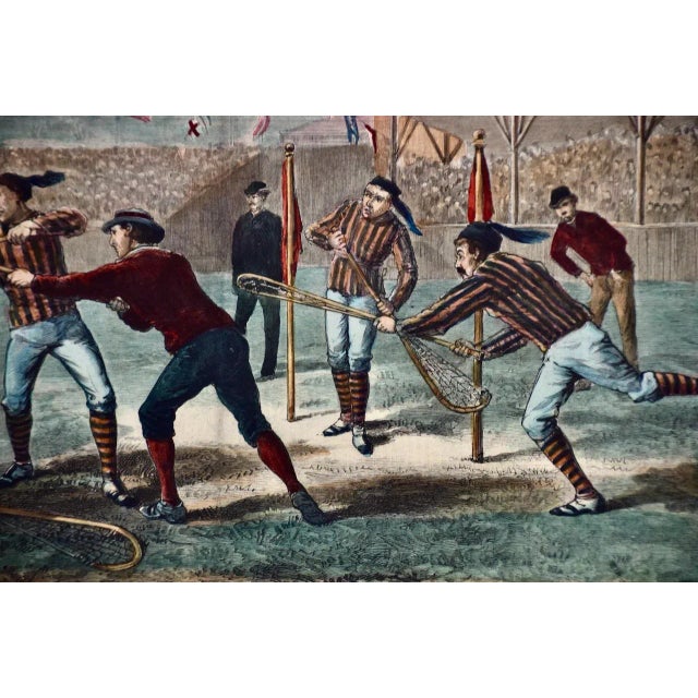 "A Game of Lacrosse": A Hand-colored 19th Century Woodcut Engraving by Hall, 1884 For Sale - Image 4 of 9