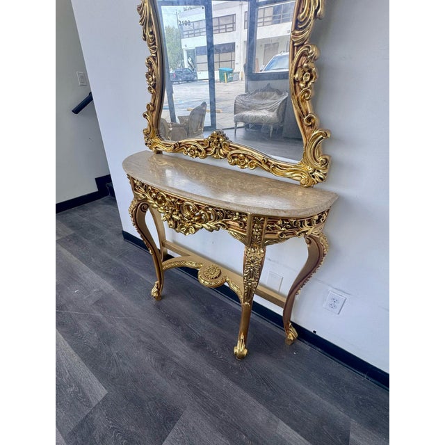 Grand French Rococo Gold Leaf Console Table With Ornate Mirror & Light Marble Top – Luxury Entryway Set For Sale - Image 4 of 6