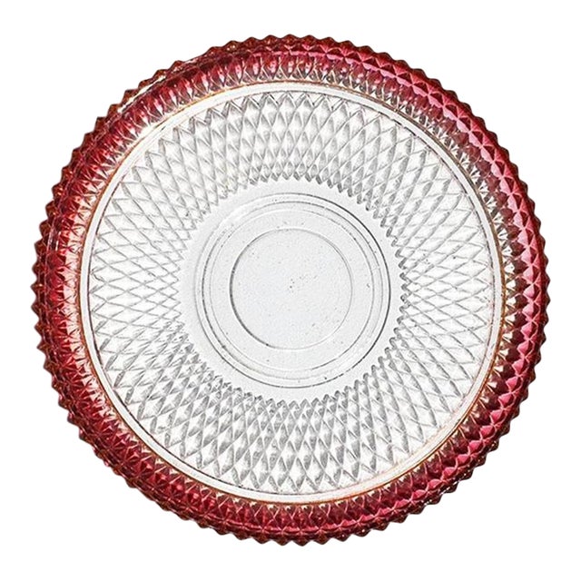 Mid Century Large Flashed Cranberry Glass Serving Tray in Pink Diamond Pattern For Sale