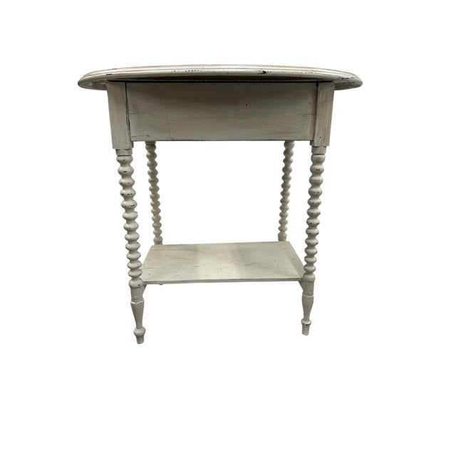 Early 20th Century Antique Hand Painted Mahogany Farmhouse Style Oval Spool Leg One Drawer Two Tier Side Table For Sale - Image 5 of 8