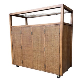Jack Cartwright for Founders Mid-Century Walnut & Cane Bar Cart / Buffet Server, 1960s For Sale