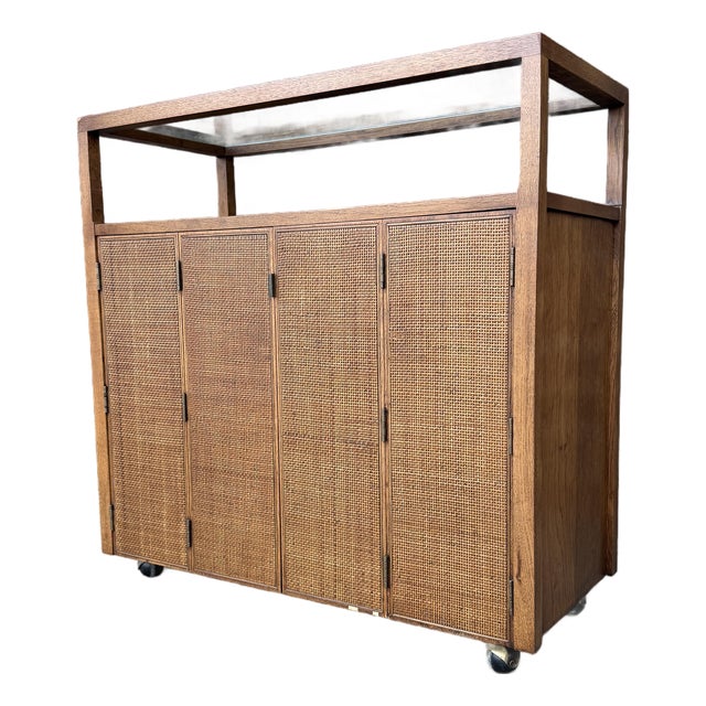 Jack Cartwright for Founders Mid-Century Walnut & Cane Bar Cart / Buffet Server, 1960s For Sale