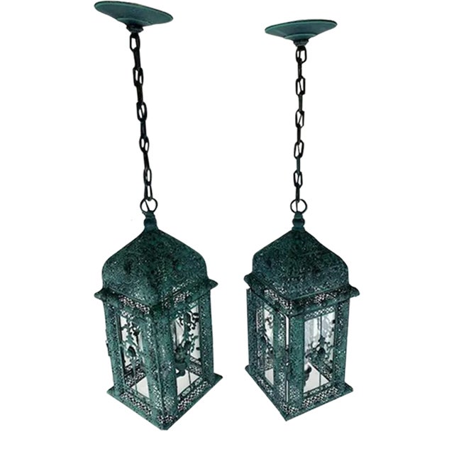 A Pair of Decorative Patina 3 Light Cluster Lanterns With Matching Chain and Canopy, For Sale