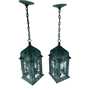 A Pair of Decorative Patina 3 Light Cluster Lanterns With Matching Chain and Canopy,