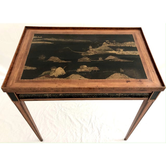 A Late 18th c. English Sheraton Satinwood & Kingwood Tea Table with Black Lacquer and Gilt Chinoiserie Top, with All-Over...