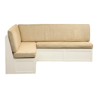 L-Shaped White Wood Corner Storage Banquette With Custom Cushions For Sale