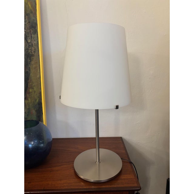 Modern Italian mid-century table lamp by Fontana Arte, 1980s Glass shade, steel I have official proof of authenticity such...