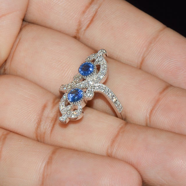 Certified Natural 1.40cts Diamond & Sapphire 18k Solid White Gold Filigree Cocktail Ring, Size 6.5 For Sale In Dallas - Image 6 of 13