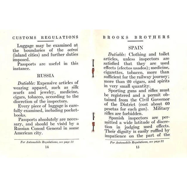 Brooks Brothers Customs Regulations a Companion Book "Going to Europe" 1911 For Sale - Image 10 of 10