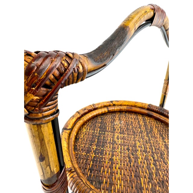 Vintage Tortoiseshell Rattan & Wrought Iron Round Tray Stand For Sale - Image 9 of 12
