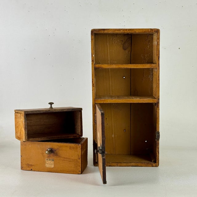 Mustard Spectacular Diminutive Antique Painted Pine Apothecary 3 Compartment Cupboard With Labels For Sale - Image 8 of 16