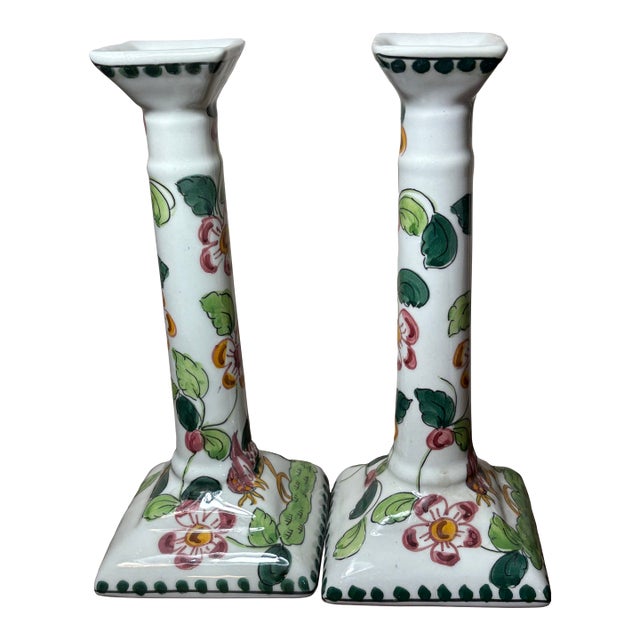 Vintage Portugal Hand-Painted Bird and Floral Motif Candle Holders For Sale