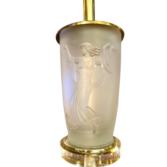 1940s An American Art Deco Frosted Glass and Brass "Four Seasons" Table Lamp. For Sale - Image 5 of 8